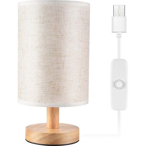 Lampe de chevet ronde DC5V avec abat-jour en tissu et structure en bois massif couleur beigeidéale pour la chambre et le salon. (1/5)