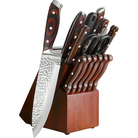 Ensemble de Couteaux de Cuisine, Matériau en Acier Inoxydable, Affûteur Intégré, Kaki Foncé (1/2)