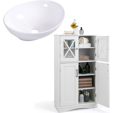 Set da bagno con lavabo ovale da appoggio 60 x 30 x 108 cm lavello in acciaio inox e moderno mobiletto contenitore in MDF bianco 200020993