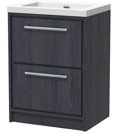 Longnor 2 Drawer Floor Standing Vanity Unit with 1 Tap Hole Modern Fireclay Basin, Woodgrain Graphite Grey, 600mm (1/4)