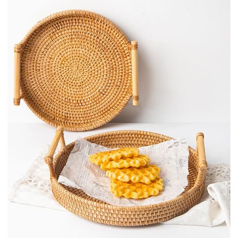 Plateau rond en osier à double poignée pour le pain, les fruits et les pâtisseries panier de pique-nique portable à double poignée, panier de rangement, petite taille. (1/5)