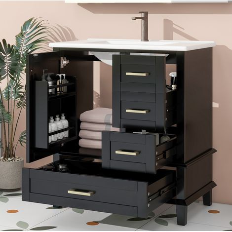 Mueble de lavabo 76x45,5x83,5 cm de MDF y cerámica negro con almacenaje FloraGrace (1/5)