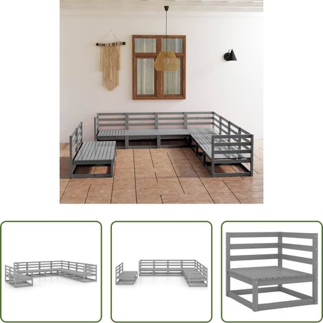 vidaXL Kiefer -  9-tlg. Garten-Lounge-Set Grau Kiefer Massivholz (1/5)
