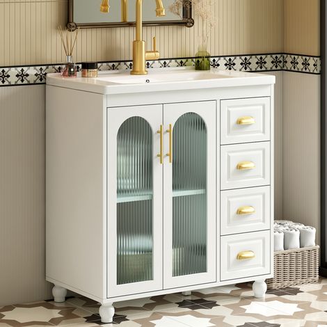 Meuble vasque de salle de bain 80 cm avec lavabo céramique, blanc, OKWISH (1/5)