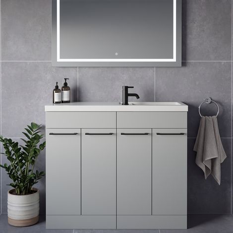Napoli 250 Gloss Grey Pearl 1000mm 4 Door Vanity Unit with Square Silvo Basin - 1000mm - Matt Black 160mm Handle