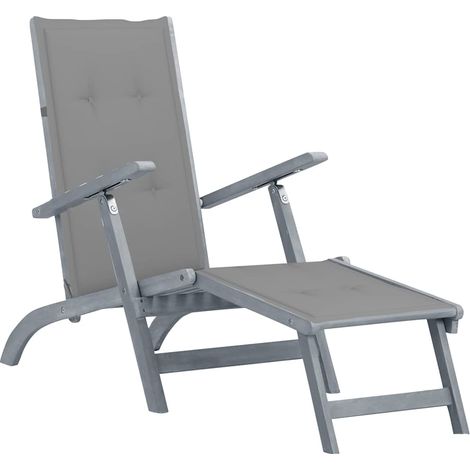 Chaise longue d'extérieur repose-pied et coussin Acacia solide