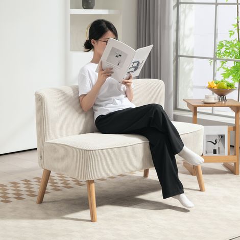 Canapé lounge 2 places blanc crème, sofa sans bras rembourré en velours côtelé, petit canapé moderne avec pieds bois pour salon, 117x56,5x77 cm