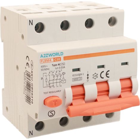 RCBO Interruttore Magnetotermico Differenziale Tipo AC Curva C 3P+N 4M 6000A 30mA AC 400V IP20 IEC61009-1 PL8M4, Corrente Disponibili 10A 16A 20A 25A 32A 40A (C10A)