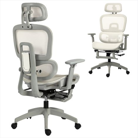 Fauteuil de bureau ergonomique en maille beige, accoudoirs 3D, appui-tête réglable et repose-pieds (1/5)