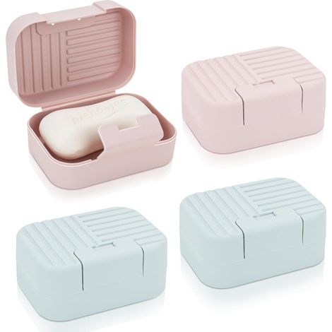 Lot de 4 porte-savons de voyage portables avec couvercle en plastique étanche pour douche, salle de bain, voyage, camping, salle de sport (bleu + rose) (1/5)
