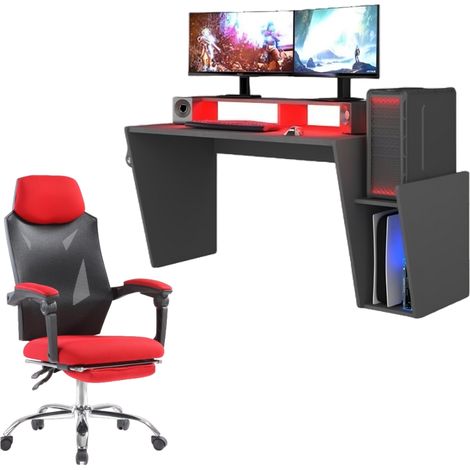 Conjunto de escritorio y silla gamer gris y rojo