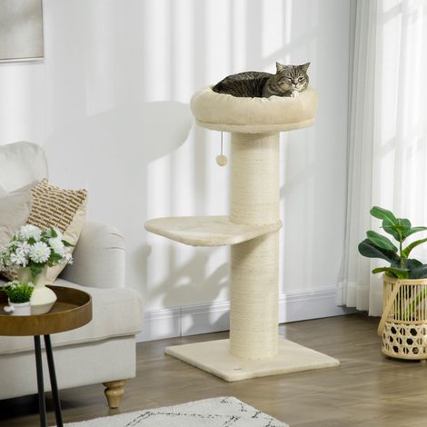 PawHut Arbre à Chat - Griffoir Sisal Naturel, 2 Plateformes, Panier d'Observation, Boule Suspendue, Beige