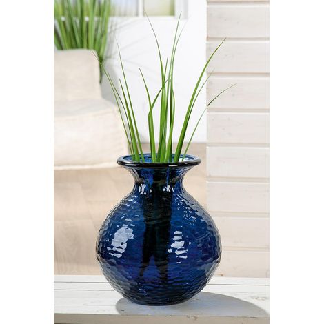 Vase en Verre Bleu foncé, structuré, Forme bombée, Hauteur 33 cm, diamètre 29 cm, décoration d'intérieur, Cadeau, Fleurs (1/5)