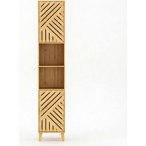 CHICFURN Armario alto estrecho para baño con 2 huecos abiertos y 2 puertas de bambú, baldas regulables, diseño compacto, seguro y elegante para espacios reducidos (1/5)