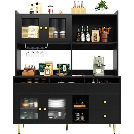 Dressage salle à manger 145x39x171cm portes verre Changhong étagère à vin,rangement multicouches finition noir accents dorés.