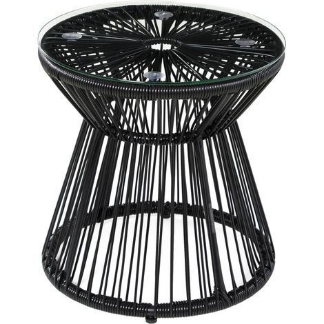 Tavolino da giardino rotondo in polyrattan nero con piano in vetro temperato 40 x 40 x 42 cm (1/5)