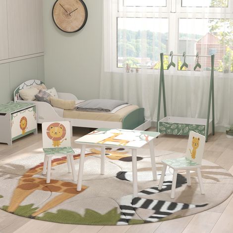 Kindertisch mit Stuhl, Holztisch und 2 Kinderstühle, Tiermotive, 60 x 60 x 44 cm, grün