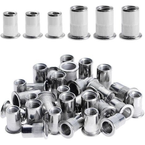 AHLSEN 100 Pièces Rivet Ecrou M6 M8, Écrous à Rivets en Acier Inox, Tête Plate Ecrou Insert Assortiment Kit pour Bois Meubles, Ecrou M6 Ecrou M8, Chaque Taille 50 Pièces (1/5)