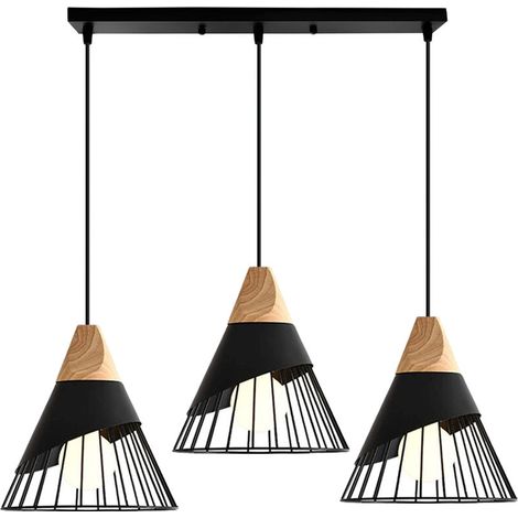 – Suspension luminaire industrielle 3 lumières en barre – Abat-jour en fer et bois – Culot E27 – Longueur 50cm – Pour cafés et restaurants (1/5)