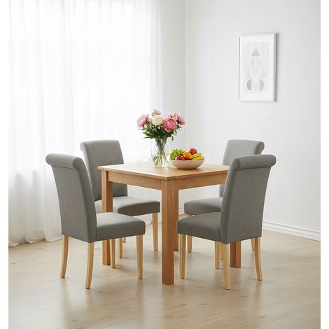 Hallowood Furniture Hereford Small Square Dining Table and 4 Dining Chairs, Light Oak Kitchen Table and 4 Roll Top Linen Fabric Grey Chairs, Modern Minimalist Set for Homes, Apartments and Cafes (1/5)