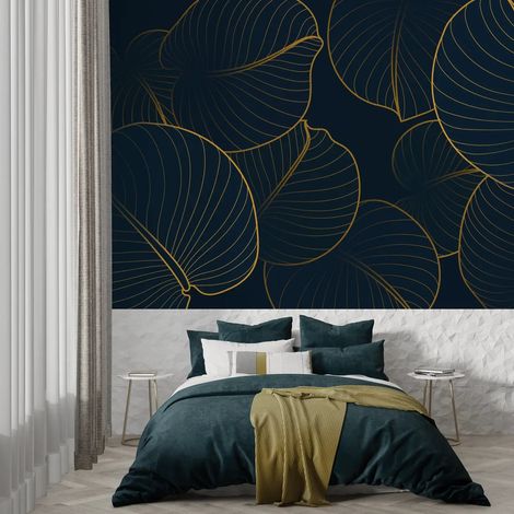 Papier Peint Feuillage - Feuilles Élégantes en Or - 150 x 250 cm (1/2)