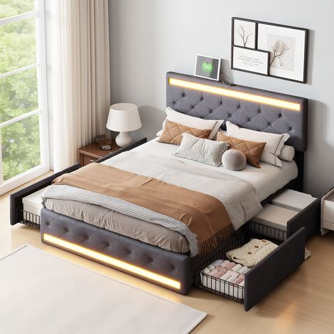 Polsterbett 160x200 cm, Doppelbett mit LED-Beleuchtung und USB-Ladestation, Modernes Jugendbett mit verstellbarem Kopfteil, Bettgestell mit Lattenrost, Leinen Dunkelgrau, Ohne Matratze