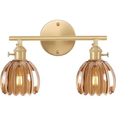 Lampe Applique en Verre Double Tête Fleur Applique Murale avec Interrupteur Ambre Abat-jour Éclairage Luminaire Mural pour Salle de Bain Salon (1/5)