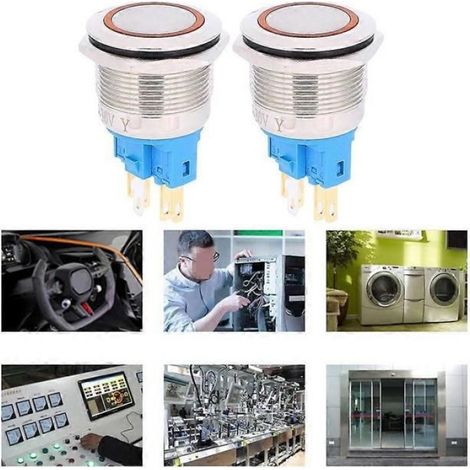 Lot de 2 interrupteurs à bouton-poussoir autobloquants à anneau de 22 mm, 6 broches, en acier inoxydable, couleur orange, 220 V CA (1/5)