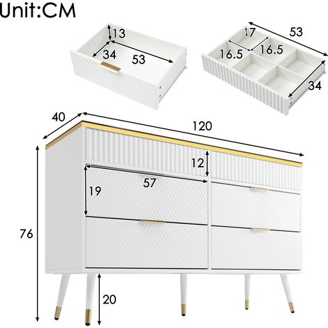 Commode haute en verre ambré blanc, 6 tiroirs compartimentés, sécurisée anti-basculement, meuble de rangement pour chambre et salon, 120 x 40 x 76 cm