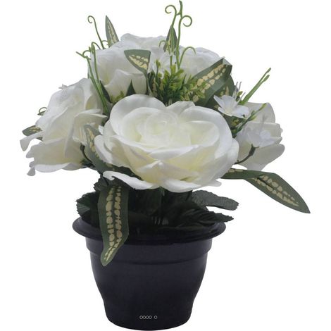 Pot de roses, bouton de rose et mini fleurs creme artificiels pour la Toussaint (1/3)