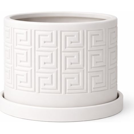 Pot de fleurs blanc moderne avec soucoupe à motif géométrique (1/3)