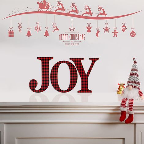 „Merry Christmas“-Logo, rot-schwarz karierte Holzdekoration, JOY 30 x 30 cm (1/5)
