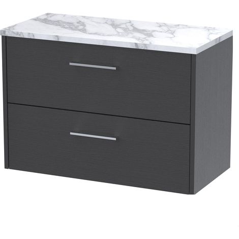 Winshill Contemporary 2 Drawer Wall Hung Vanity Unit with Laminate Worktop, Woodgrain Dark Grey, 800mm
