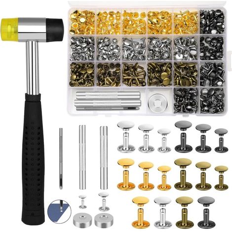 240 ensembles de rivets pour cuir, 3 tailles, rivets tubulaires à double calotte, 4 couleurs, avec marteau en caoutchouc et kit d'outils de fixation (4 pièces) pour la fabrication (1/4)
