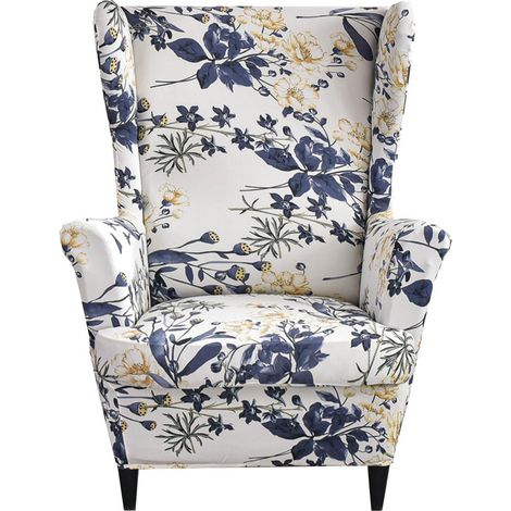 Housse de fauteuil oreilles 2 pièces extensible motif floral bleu et jaune (1/5)