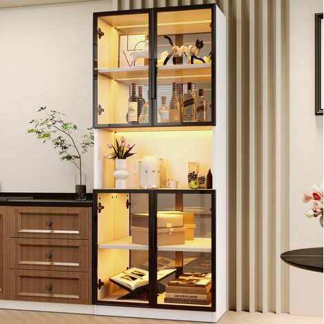 Vitrina 70x30x170 cm de MDF blanco con puertas de vidrio gris, LED y espejo – MEUBLIV (1/5)