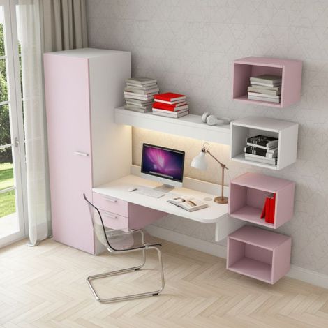 Scrivania sospesa design con mensola luminosa, pensili e armadio - bianco e cipria (1/5)