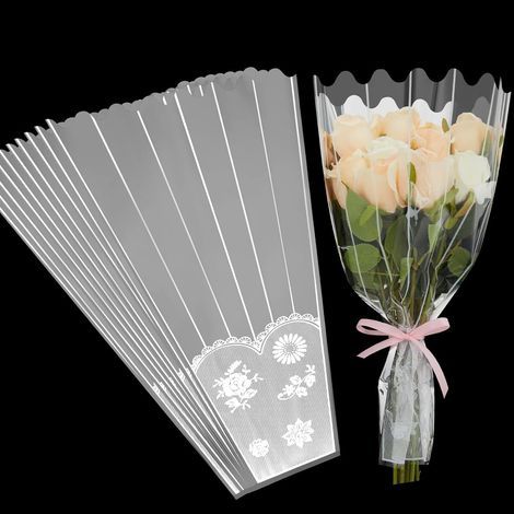 100 Pièces Sac de Bouquet de Fleurs, 45CM Sacs D'emballage de Fleurs en Plastique Pochette Cellophane pour Bouquet Floral Transparent avec Décor de Bande et de Dentelle (Dos Argenté) (1/5)