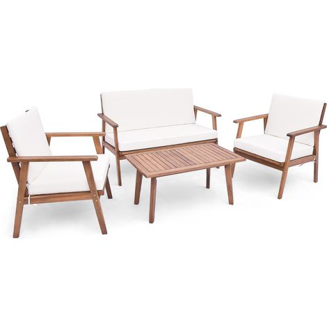 Set da divano in legno di acacia con cuscini morbidi per sedile e schienale, Set di conversazione da esterno in 4 pezzi Bianco (1/4)