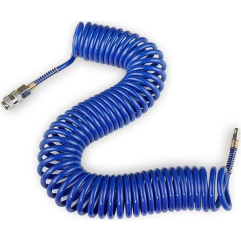 Tuyau pneumatique PU spiralé 9m, flexible à ressort pour ligne d'air et transfert de fluide, avec limiteur de courbure, raccord rapide et bouchon, résistant et enroulable. (1/5)