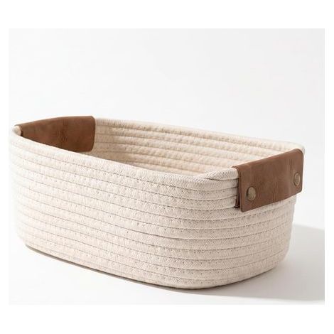 Panier de Rangement Petit (28x22x11cm) - Panier tressé lavable en coton avec poignées en cuir amovibles - Organisateur Boho indéformable pour salle de bain, commode & chambre, Beige (1/5)
