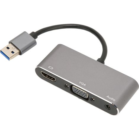 Adaptateur USB3.0 vers HDMI et VGA, Hub 3 en 1 pour Partage d'Écran 1080P, Plug and Play Gris Argent (1/5)