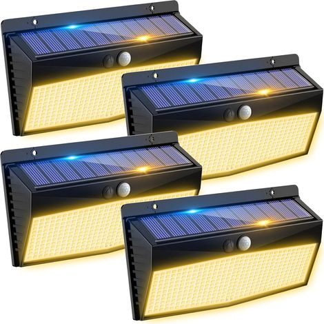 368LED Lampe Solaire Exterieur Detecteur de Mouvement, 3 Modes Lumiere Solaire, Étanche Eclairage Solaire pour Mural Jardin Outdoor Garage Cour [Blanc Chaud Lot de 4] (1/5)