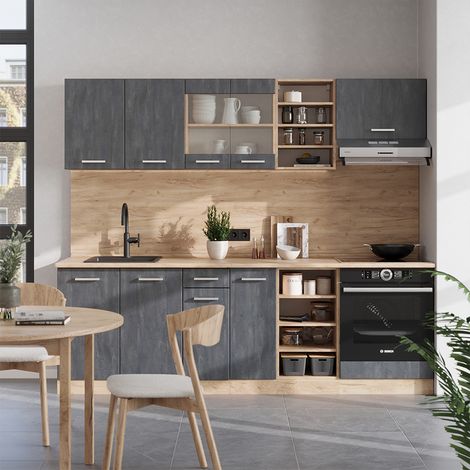Komplettküche R-Line, Schwarz Beton/Goldkraft Eiche, 240 cm AP Marmor, Vicco