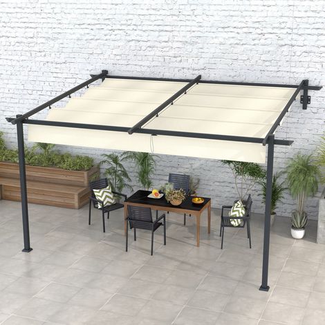Pérgola 4x3 m Cenador de Jardín con Techo Retráctil de Poliéster y Marco de Acero Crema y Gris Oscuro (1/5)