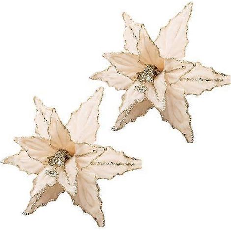 Lot de 2 fleurs artificielles de Noël en velours pailleté avec pétales ajustablesChampagne (1/5)