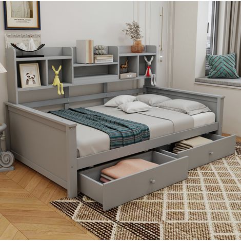 Cama infantil 90x200 con cajones y estantes, somier de láminas, gris OKMYHOME (1/5)