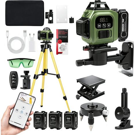 Niveau laser auto-nivelant à 16 lignes, Niveau Laser vert Chantier Autonivelant 360° x 4, 4D 16 Lignes Laser Chantier, 3 x 3600 mAh Batterie, avec télécommande et trépied, étanche IP54 (1/5)