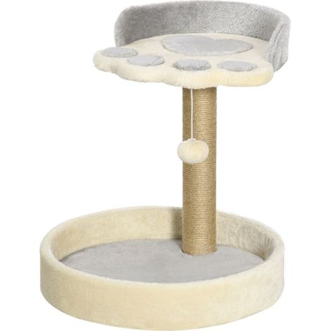 Arbre à chat griffoir grattoir en forme de patte 2 plateformes et un pompon suspendu hauteur 44 cm gris (1/5)