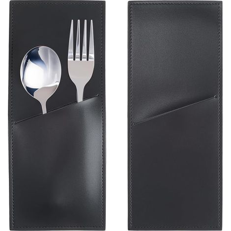 Lot de 2 manches à couverts en cuir PU noir : supports de rangement pour couverts rustiques, poche à couverts en cuir, sacs à couverts vintage, organisateur de vaisselle plate pour décoration de table (1/5)